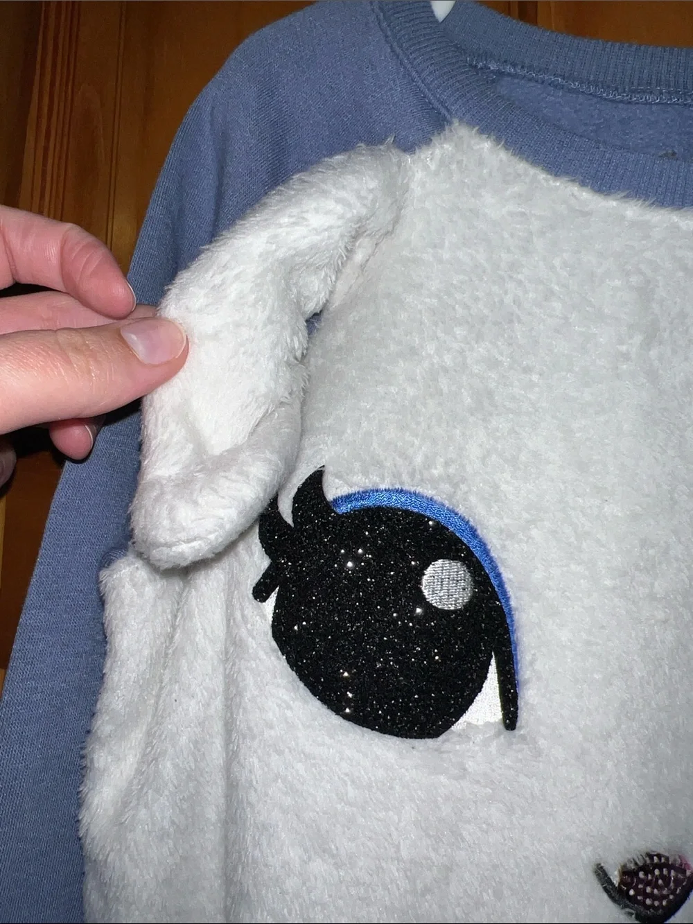 Justice White Plush Bunny Crewneck with Blue Sleeves